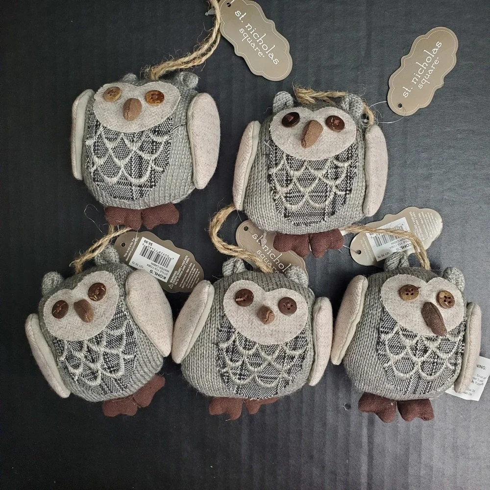Gray Sweater Knit Owl Plush Ornaments Set Of 5 Stuffed 3.5